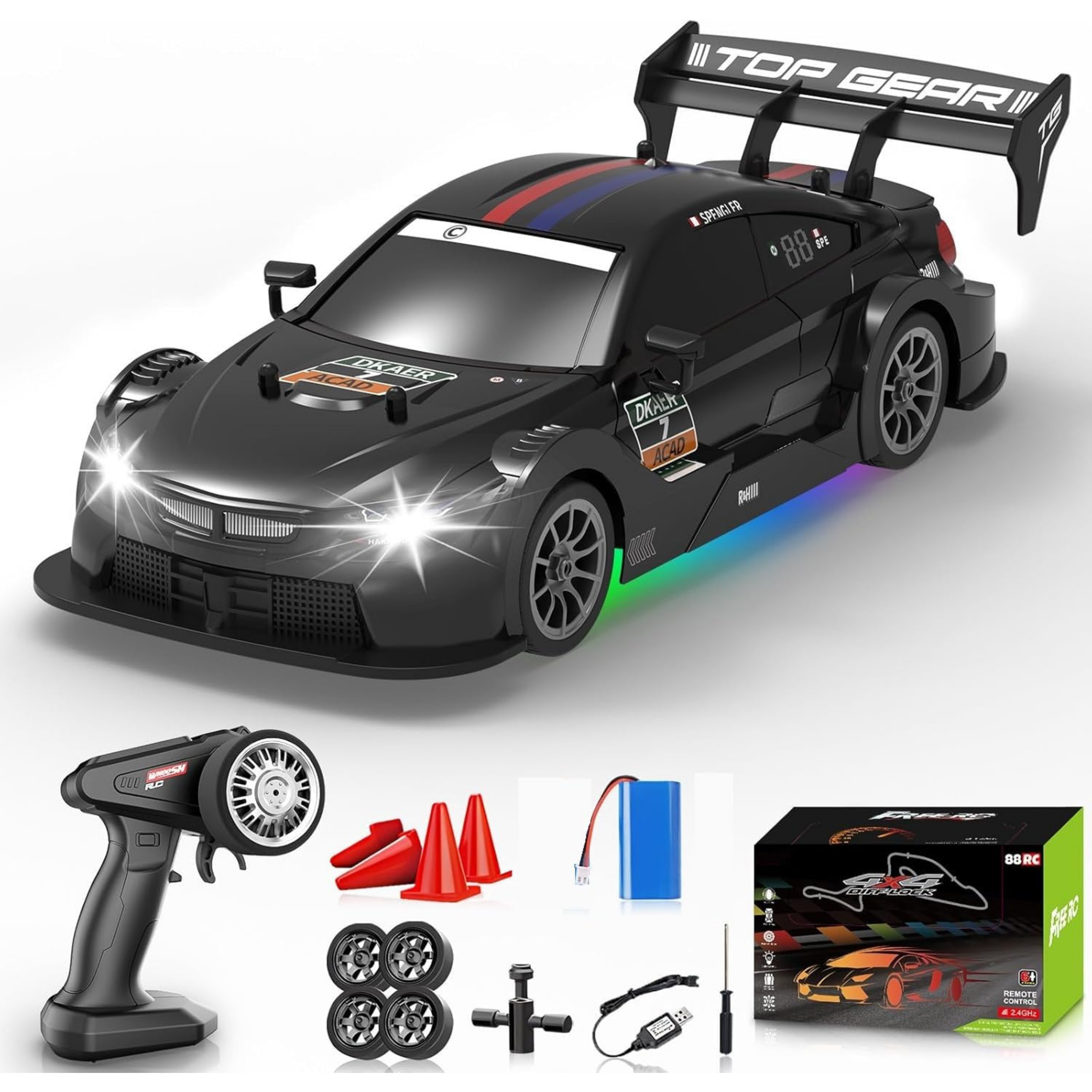 Krishiv RCS RC Drift Car for Kids 6-12 - 1:16 4WD High Speed 30km/h Remote Control Car with LED Lights Rechargeable Battery Extra Drift Tyres Track Cones Wrench Toy Car Gift