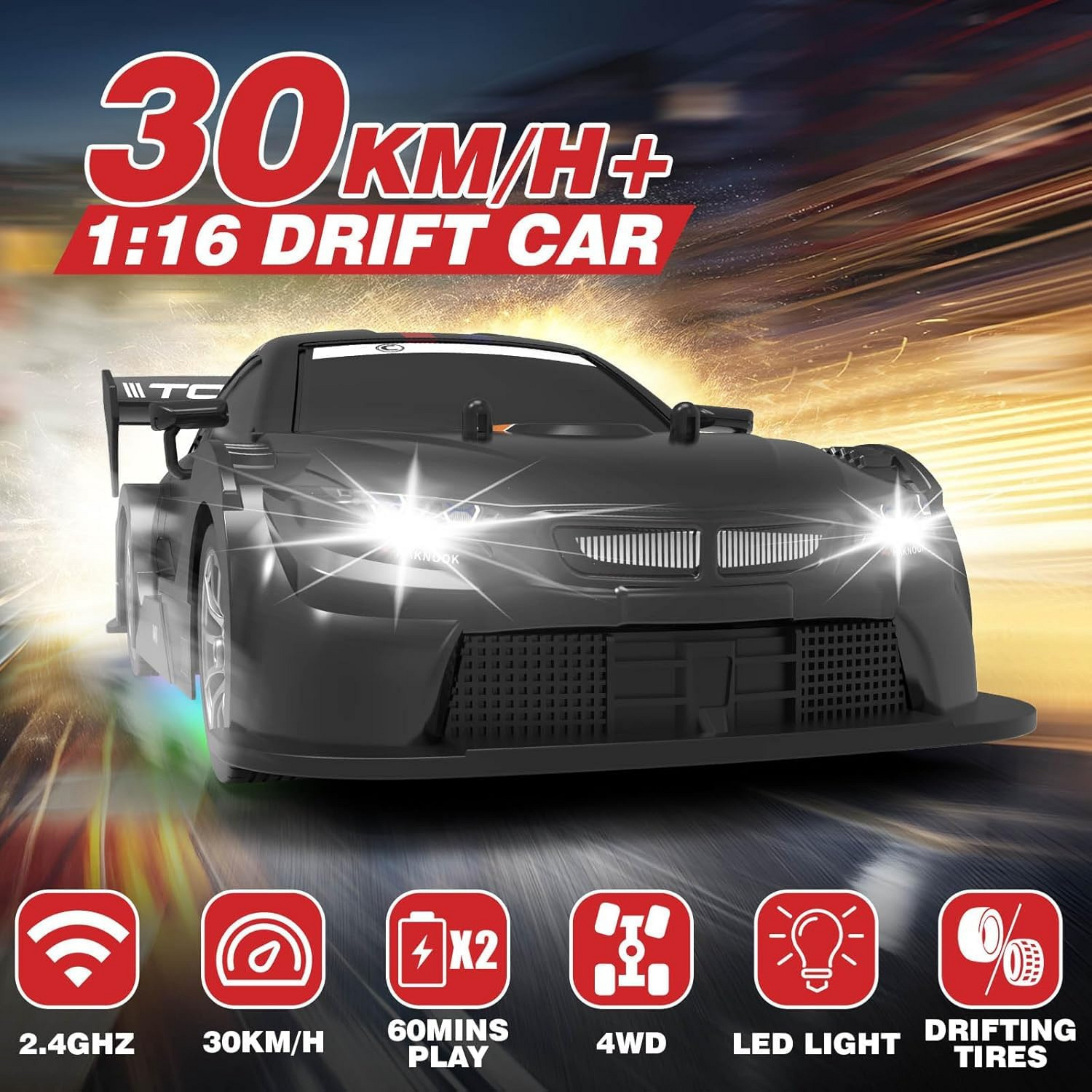Krishiv RCS RC Drift Car for Kids 6-12 - 1:16 4WD High Speed 30km/h Remote Control Car with LED Lights Rechargeable Battery Extra Drift Tyres Track Cones Wrench Toy Car Gift