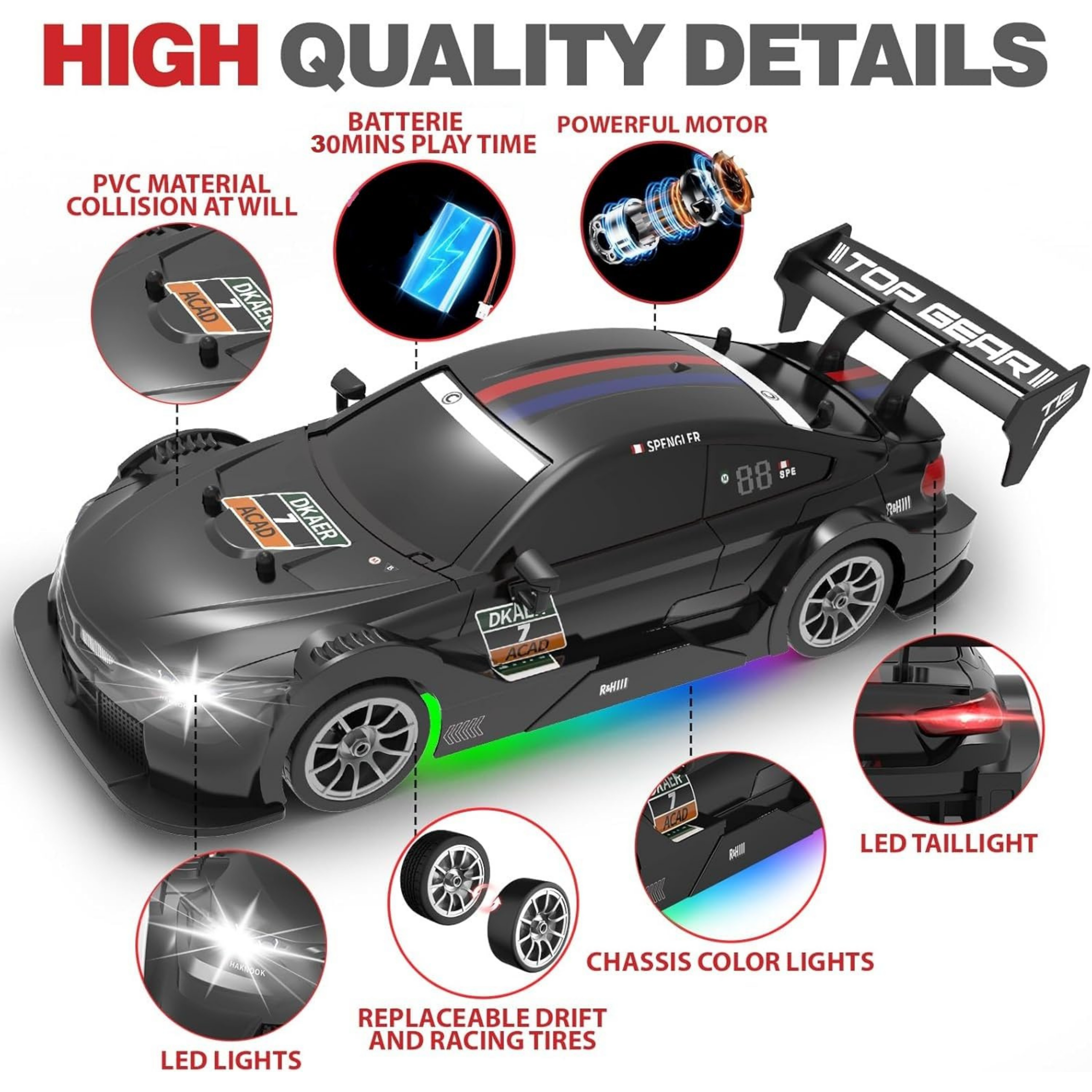 Krishiv RCS RC Drift Car for Kids 6-12 - 1:16 4WD High Speed 30km/h Remote Control Car with LED Lights Rechargeable Battery Extra Drift Tyres Track Cones Wrench Toy Car Gift