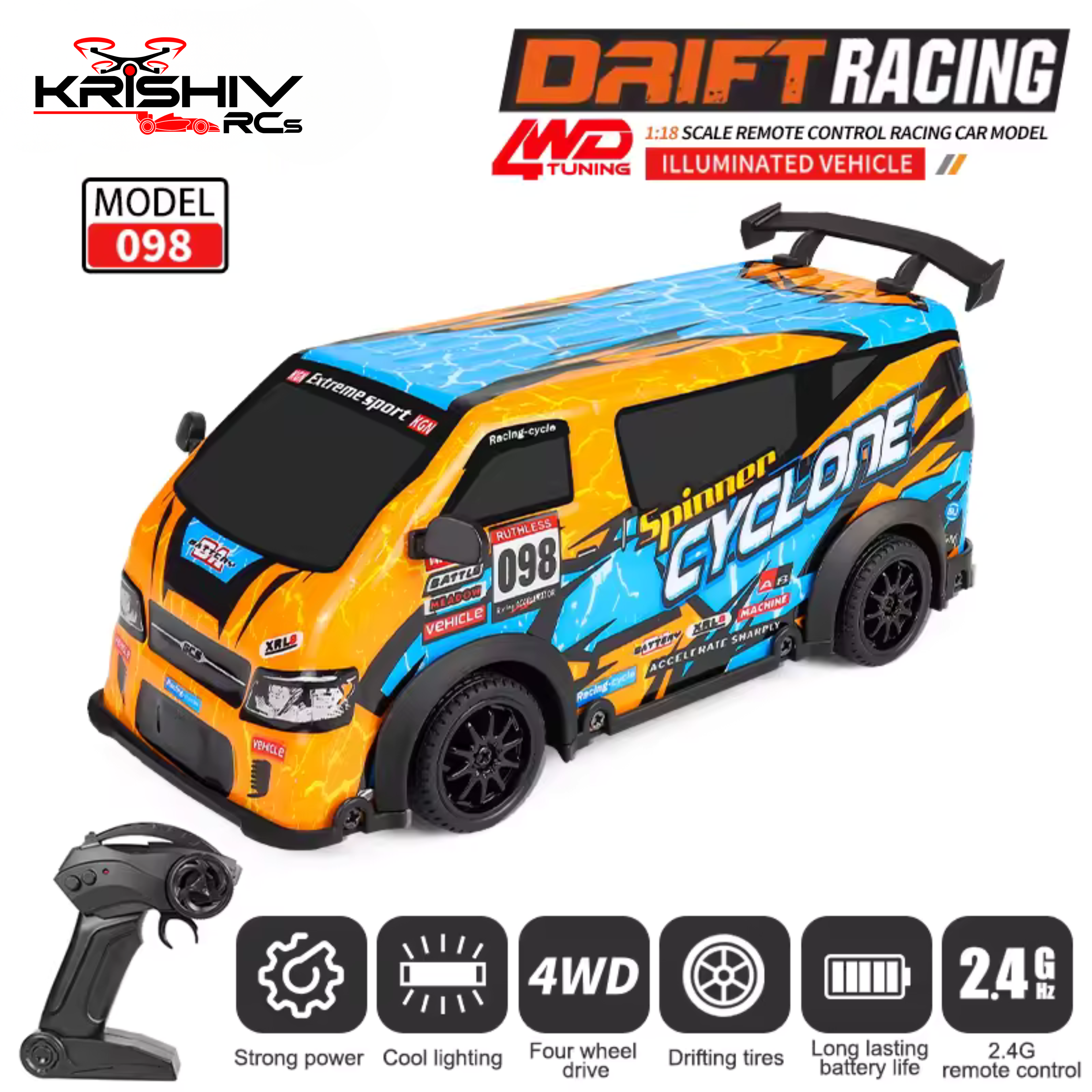 Krishiv RCS RC Drift Car for Boys - 1:24 Scale 4WD High Speed 25km/h Remote Control Car with LED Lights JDM Style Drifting USB Rechargeable Battery Indoor Racing Gift