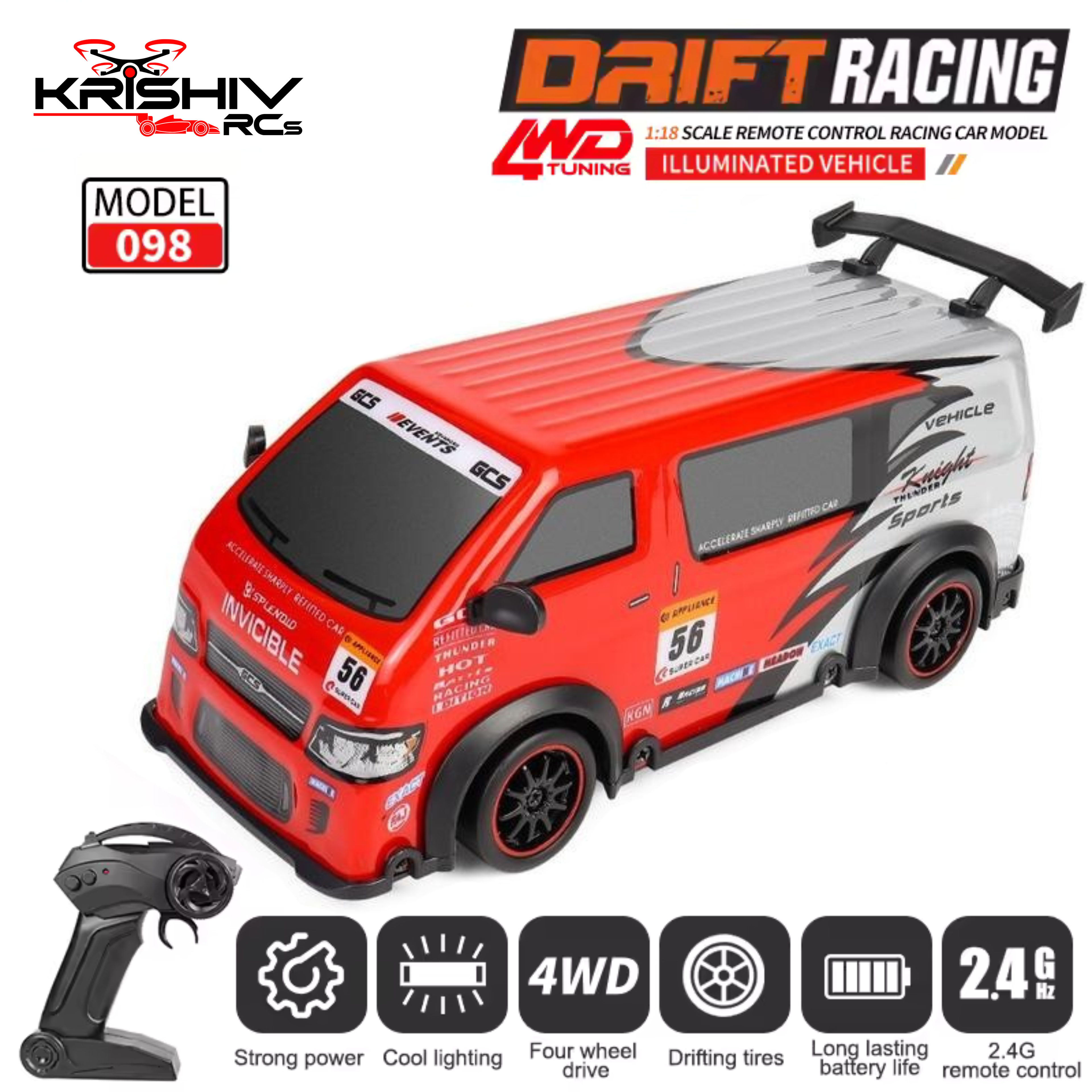 Krishiv RCS RC Drift Car for Boys - 1:24 Scale 4WD High Speed 25km/h Remote Control Car with LED Lights JDM Style Drifting USB Rechargeable Battery Indoor Racing Gift