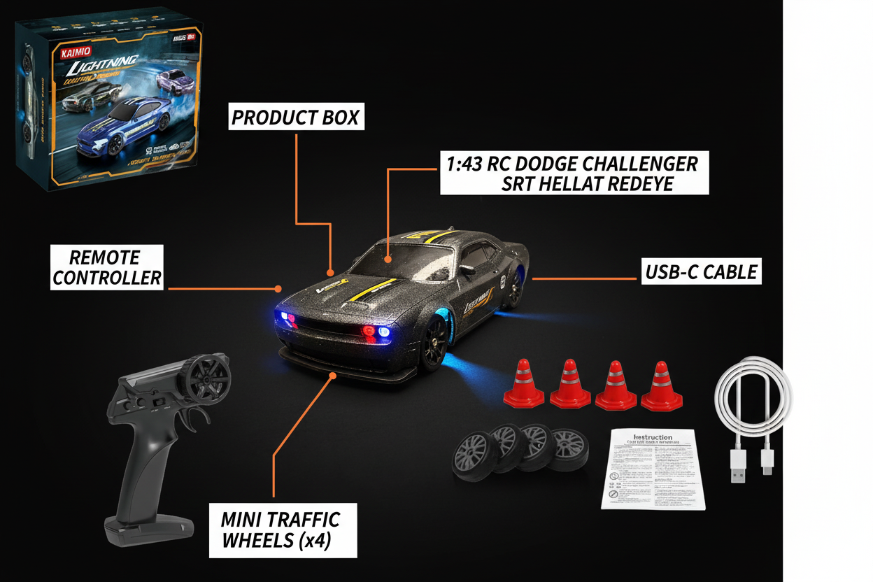 Krishiv RCS Desktop Drifter 1:43 — Dodge Challenger SRT Hellcat Redeye App Controlled 4WD RC Drift Car with LED Lights