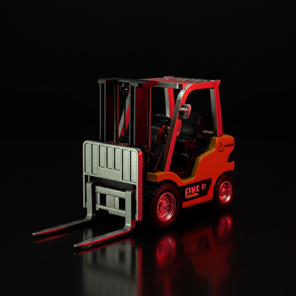 Trasped RC Forklift 1:64 red – front 3/4 fork lowered dark background