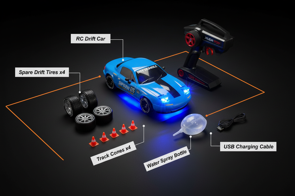 Speed 4WD Drift Racing X – Full box contents with component labels: RC Car, Remote, Tires, Cones, Spray Bottle, USB Cable