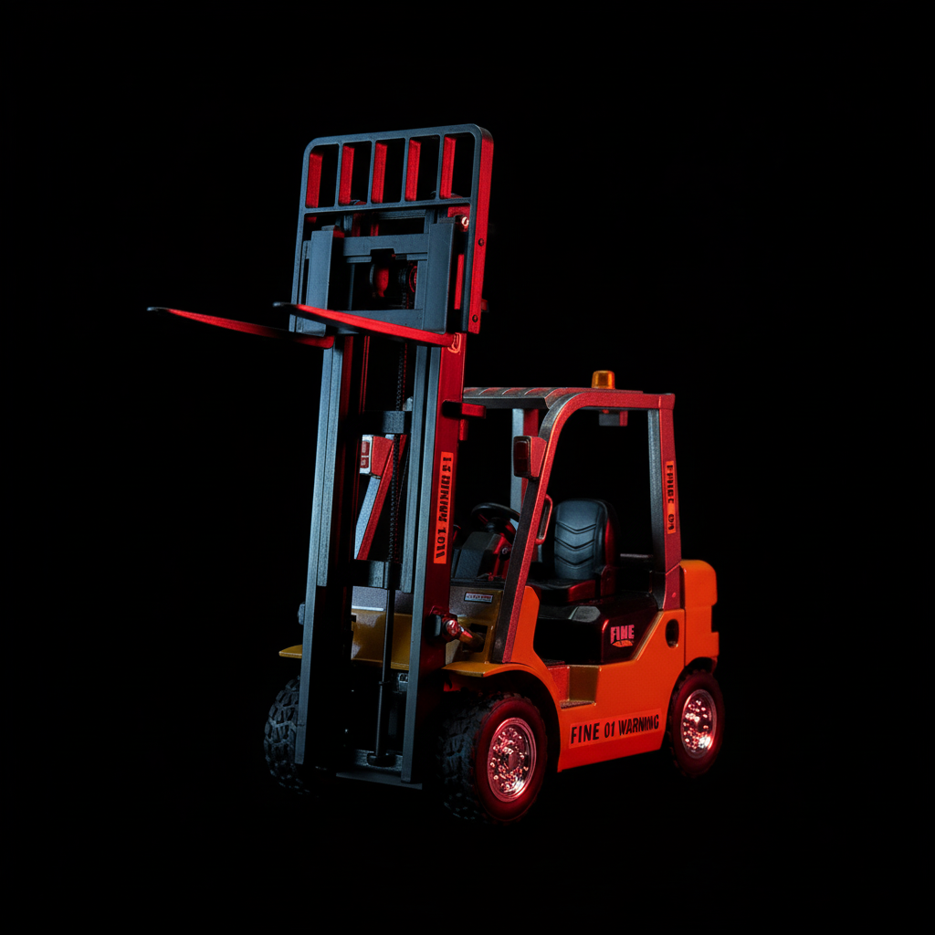 Trasped RC Forklift 1:64 orange – front 3/4 fork raised dark background