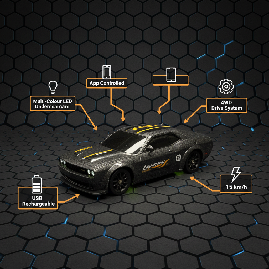 Krishiv RCS Desktop Drifter 1:43 — Dodge Challenger SRT Hellcat Redeye App Controlled 4WD RC Drift Car with LED Lights