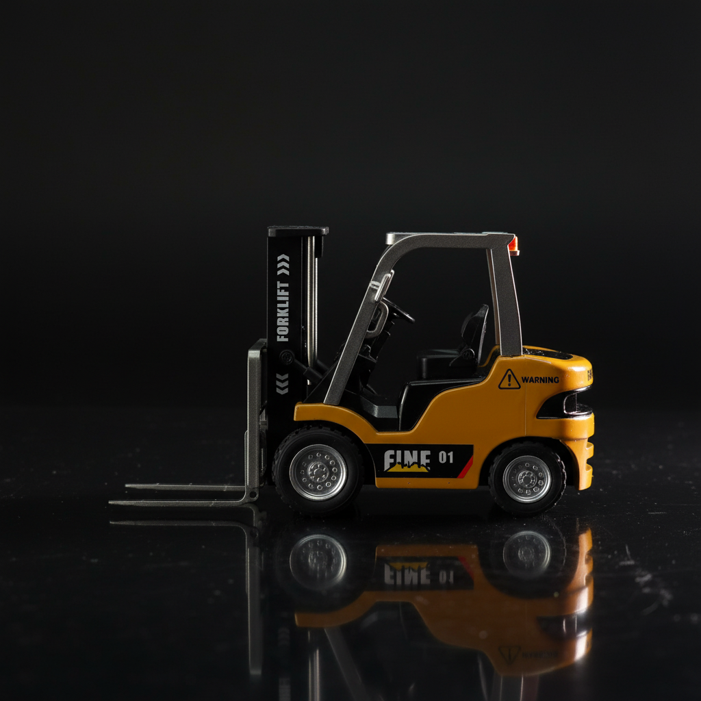 Trasped RC Forklift 1:64 yellow – side profile dark background