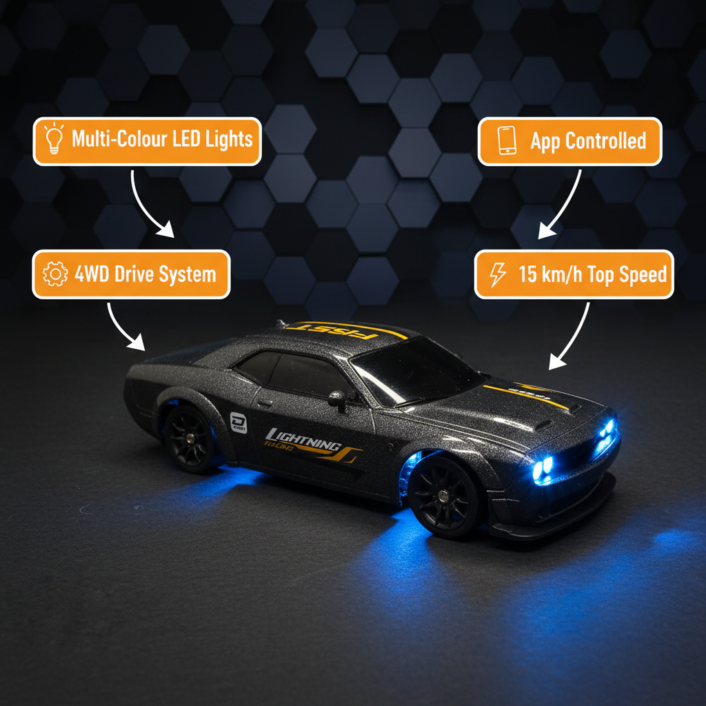 Krishiv RCS Desktop Drifter 1:43 — Dodge Challenger SRT Hellcat Redeye App Controlled 4WD RC Drift Car with LED Lights