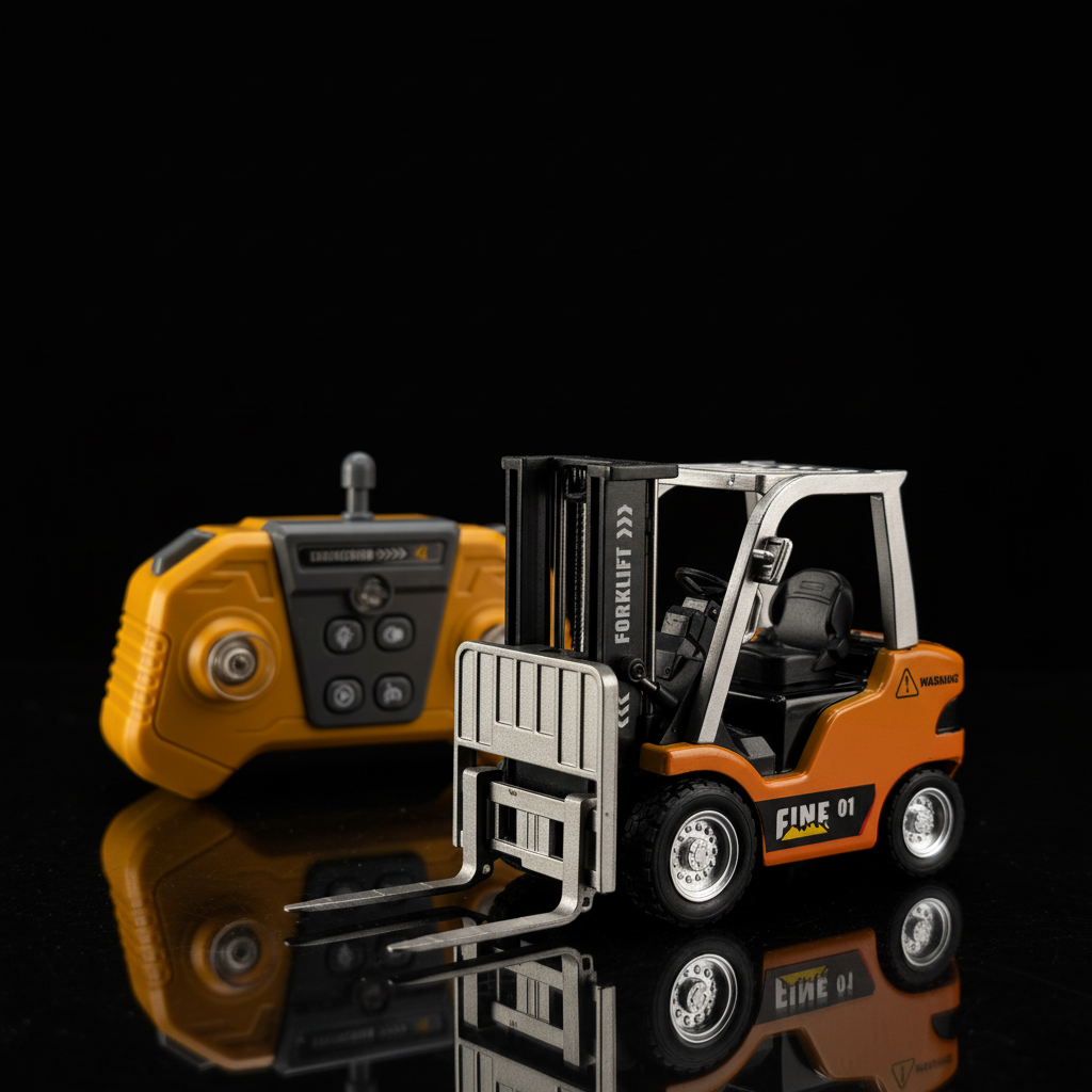 Trasped RC Forklift 1:64 with remote controller – hero shot dark background