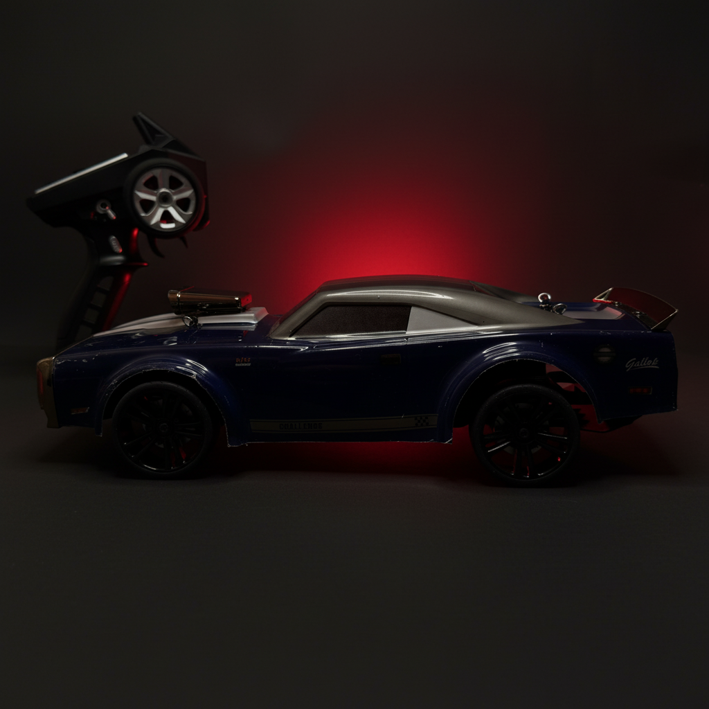 Hurricane RC Car Side View - Dark Background Red Accent