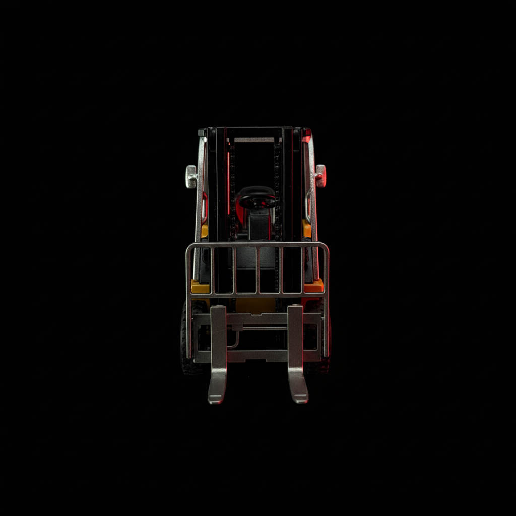 Trasped RC Forklift 1:64 red – front view fork arms dark background