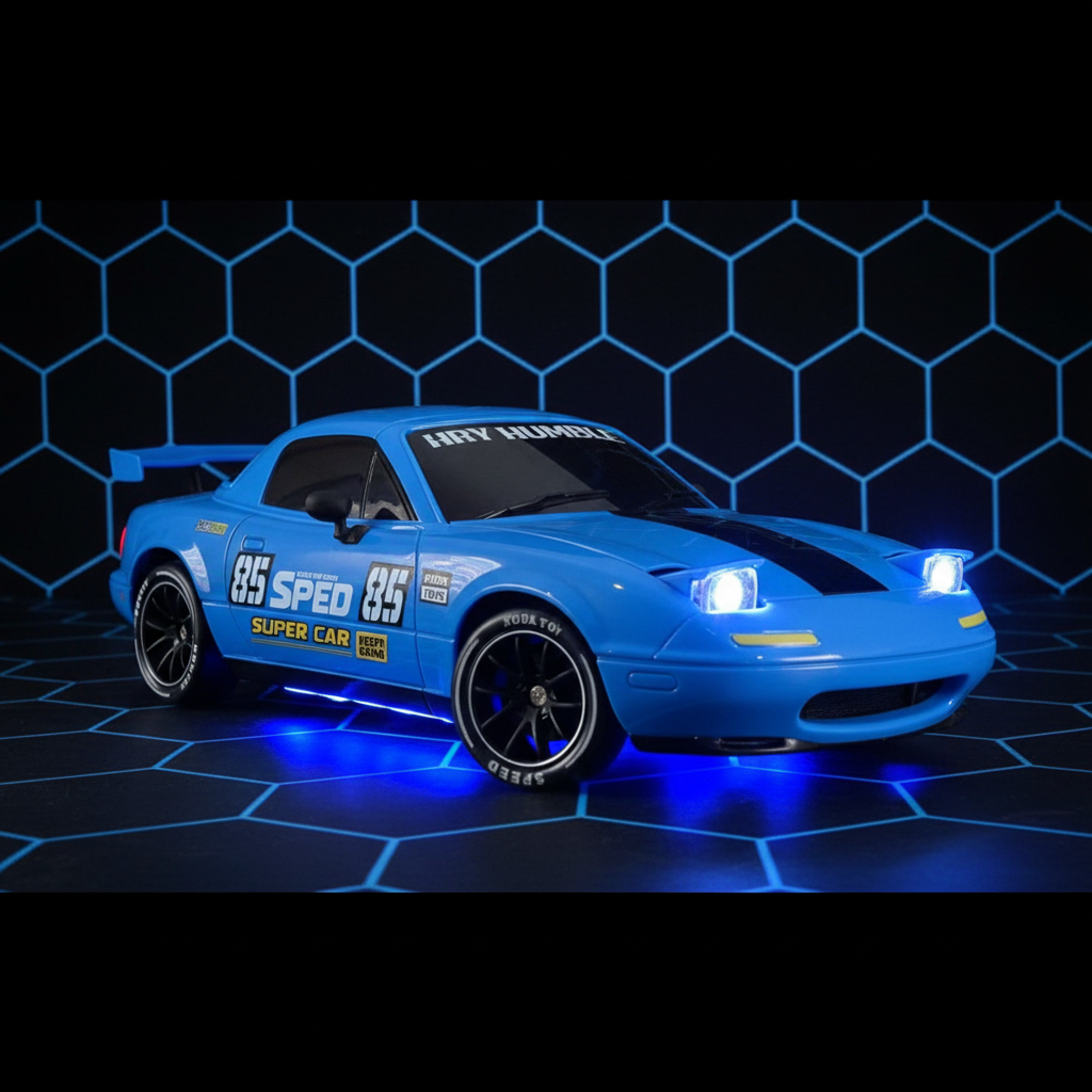 Speed 4WD Drift Racing X – Front 3/4 angle with LED lights, hexagon background