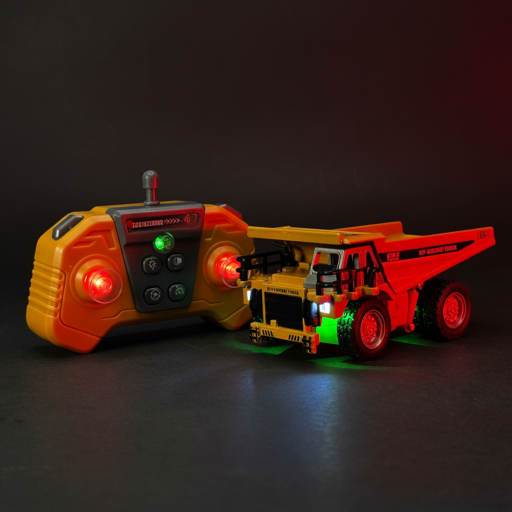 RC Dump Truck with Remote LED Lights On - Dark Background