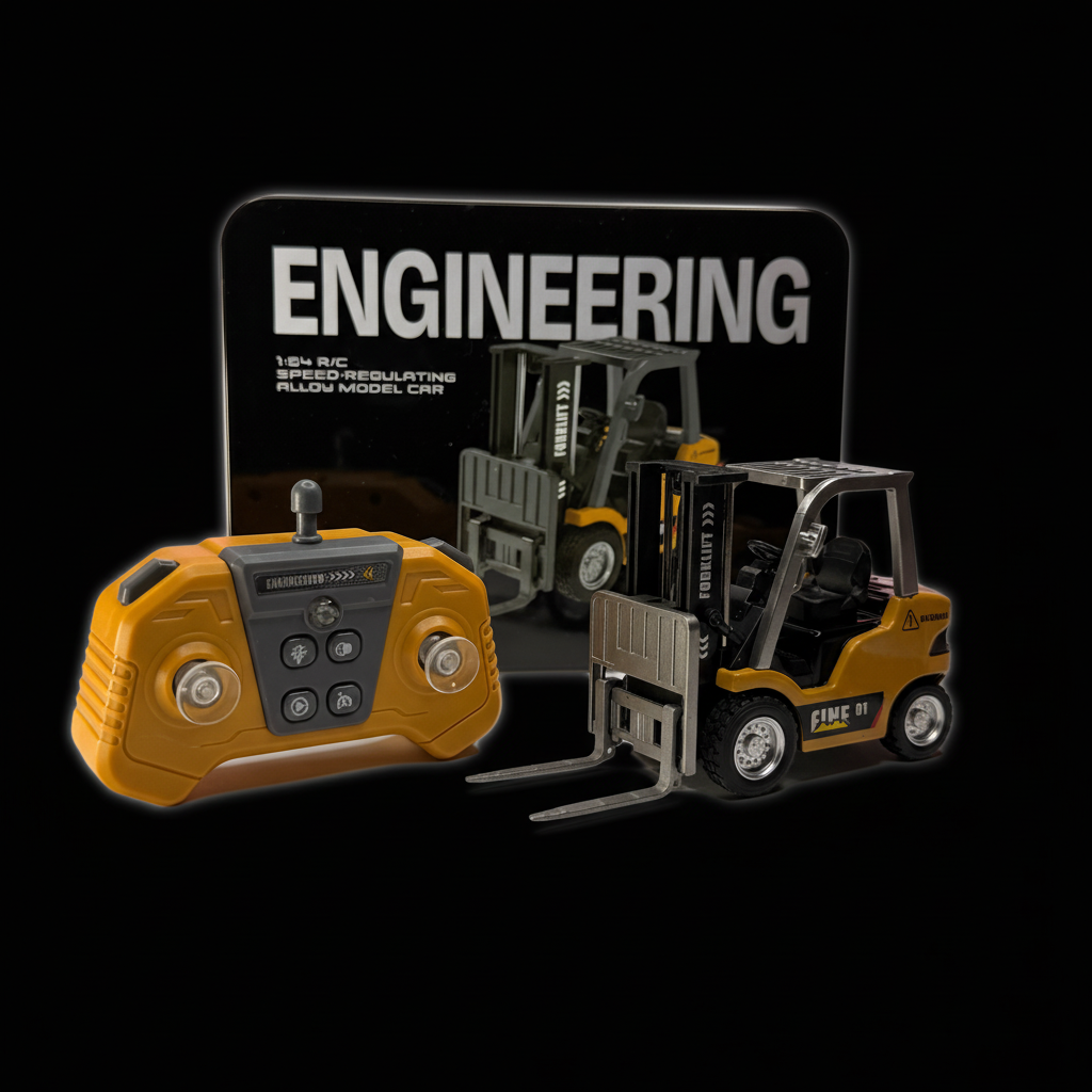 Trasped RC Forklift 1:64 with remote and gift tin box – dark background