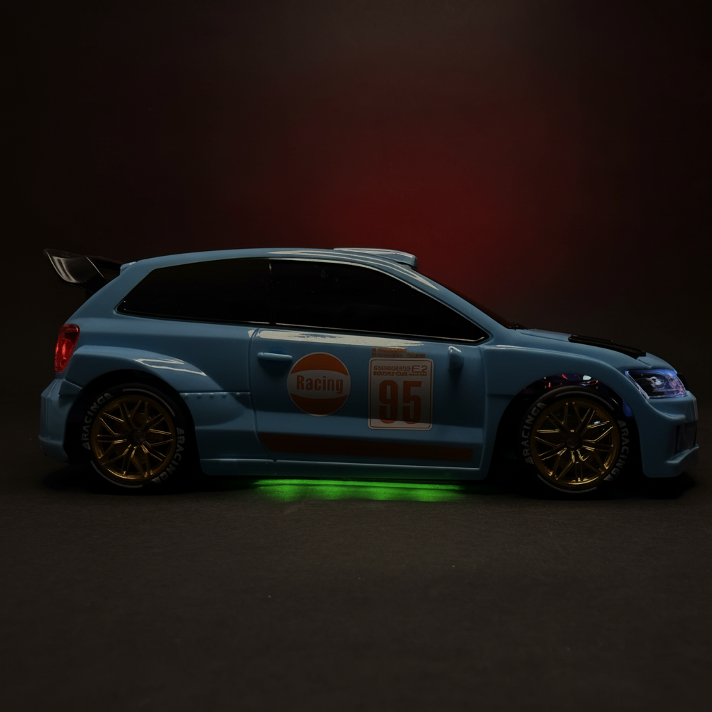 RC Rally Drift Car 3/4 Front Green Underglow Headlights - Dark Background