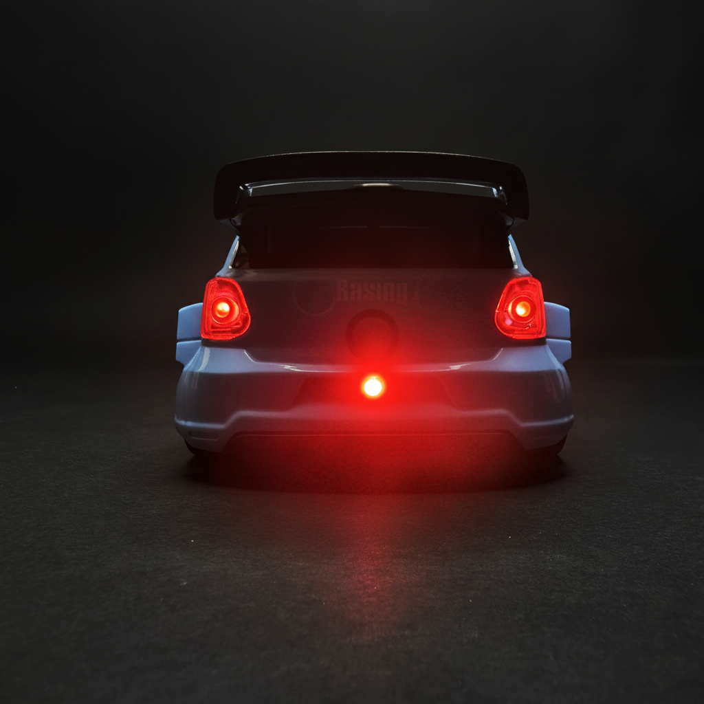 RC Rally Drift Car Rear Red Taillights Exhaust Spray - Dark Background