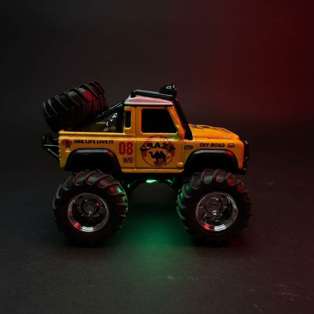 Crazy Off-Road RC Monster Truck Side Green Underglow - Dark Background