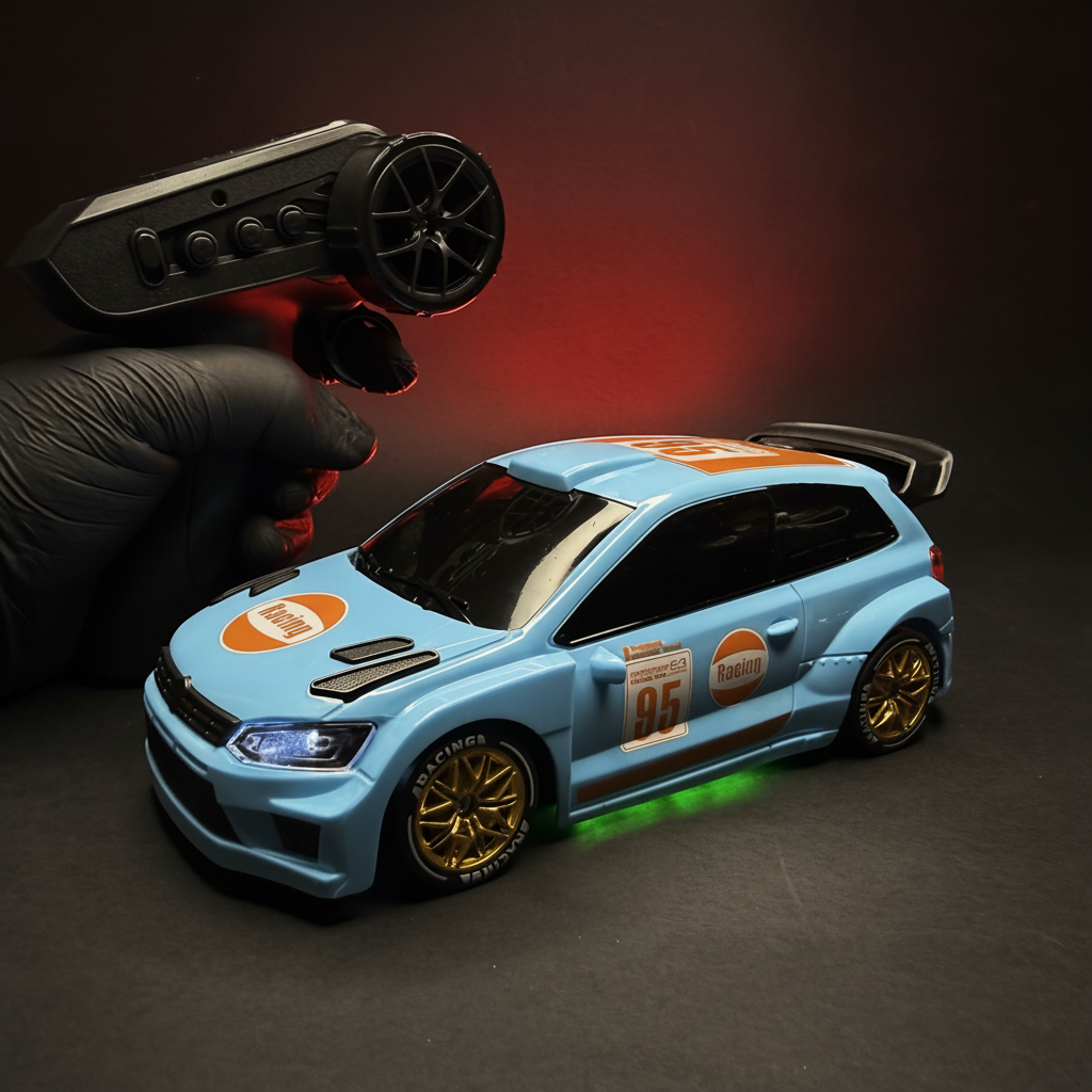 RC Rally Drift Car Front View White Headlights - Dark Background