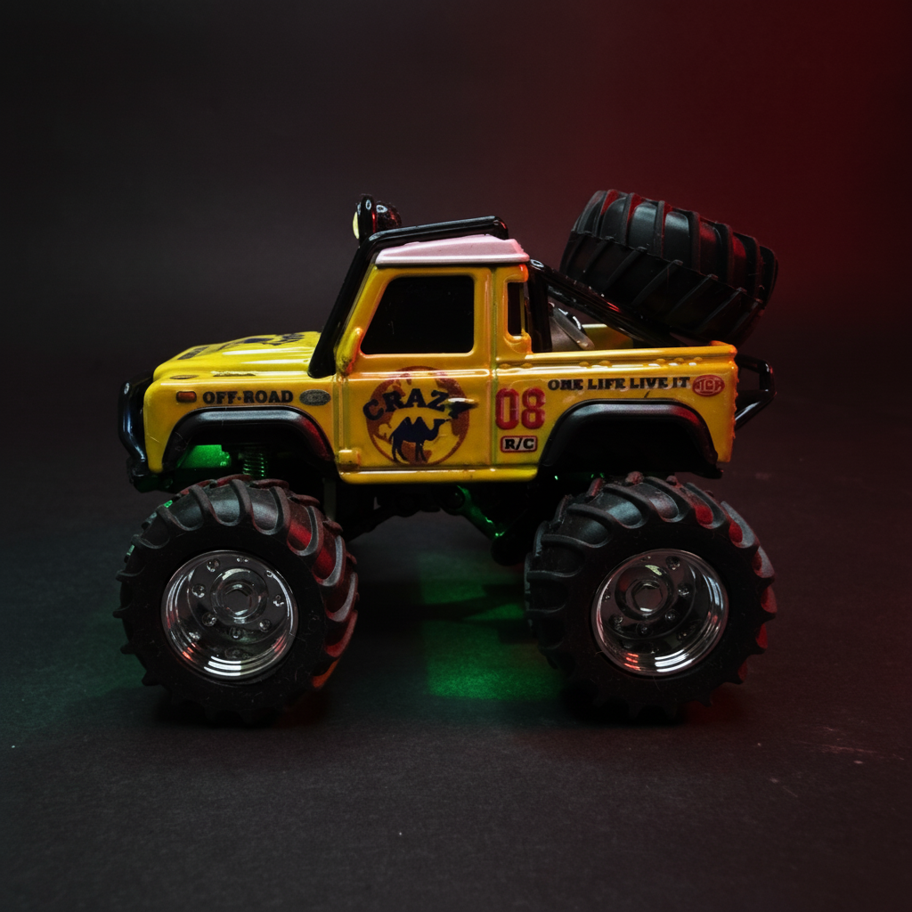 Crazy Off-Road RC Monster Truck Red Lit Side - Dark Background
