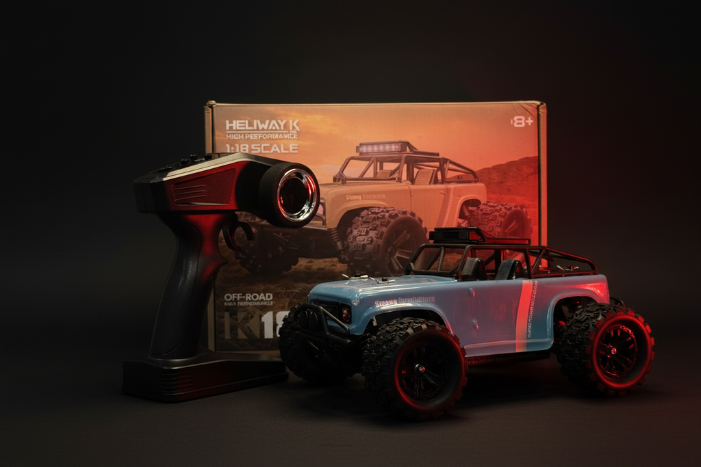 K1813 Off-Road RC Truck 1:18 with remote and box – dark background