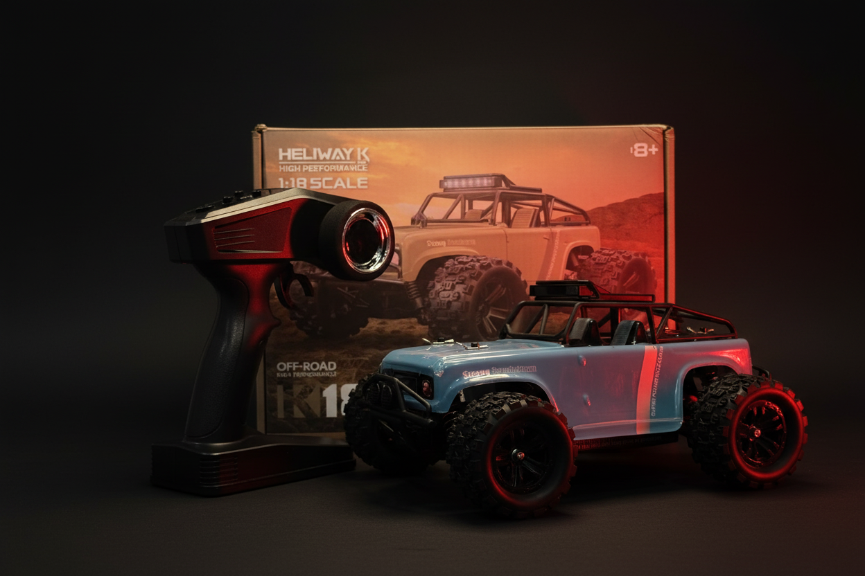 K1813 Off-Road RC Truck 1:18 with remote and box – dark background